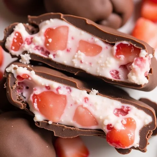 A mouthwatering display of yogurt and strawberry clusters, highlighted by warm natural lighting.