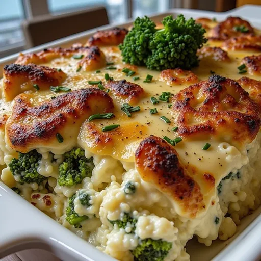 A warm bowl of creamy chicken casserole featuring broccoli florets and golden cheese.
