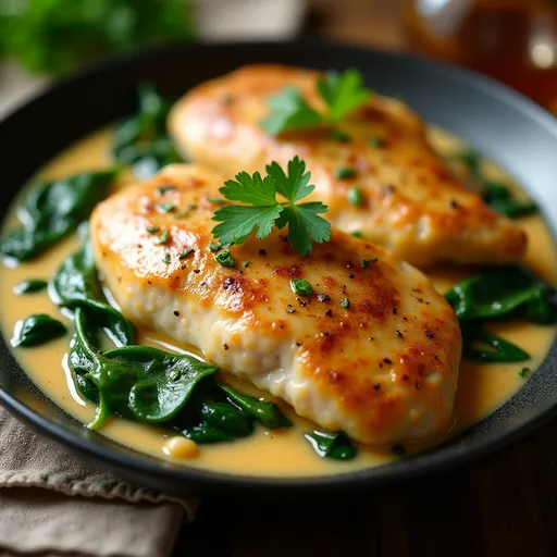 Delicious chicken breast served in a creamy sauce, garnished with parsley.