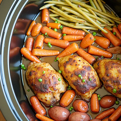 Eye-level shot of Slow Cooker Honey Garlic Chicken and mixed vegetables with a warm glow.