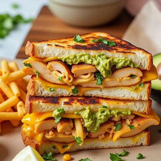 An inviting Chicken Avocado Melt Sandwich, showcasing golden toasted bread filled with chicken and avocado, expertly lit.