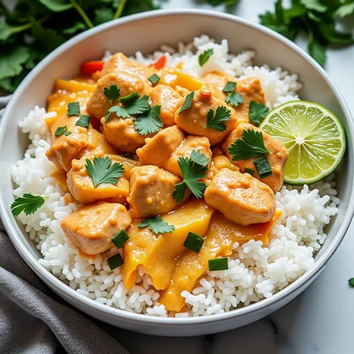 Colorful bowl of jasmine rice topped with coconut chicken, mixed vegetables, and lime wedges.