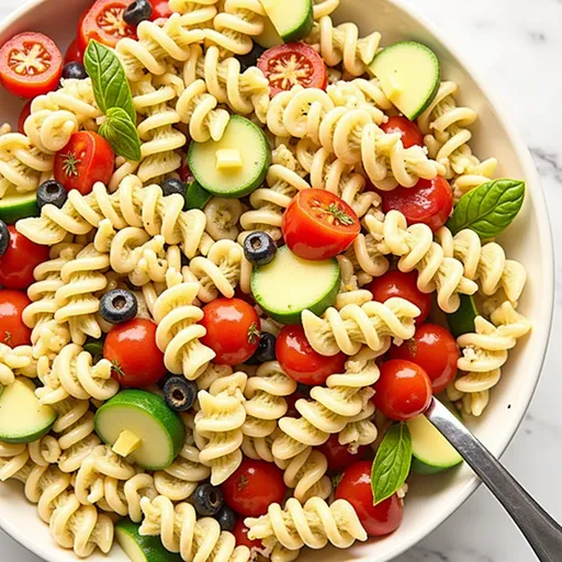 Detailed view of a delicious pasta salad, showcasing various fresh ingredients and a sprinkle of parmesan.