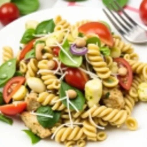 An appetizing Chicken Pesto Pasta Salad with cooked chicken, pesto sauce, and a variety of fresh vegetables.