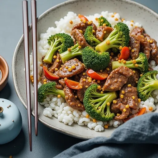 A detailed view of Beef and Broccoli with garlic and ginger, emphasizing the dish's fresh ingredients and appetizing look.
