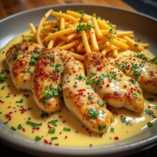 Detailed view of a cooked Garlic Parmesan Chicken Fillet with warm lighting, featuring minced garlic and a sprinkle of cheese.