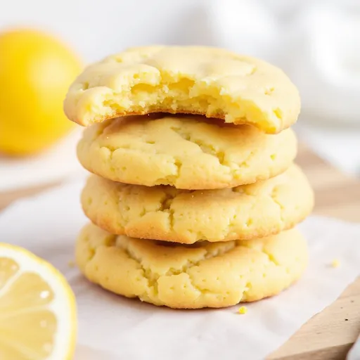 Dessert scene featuring lemon cookies with a cozy, blurred background, emphasizing their freshness.