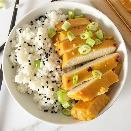 Eye-level view of honey garlic tofu on a rustic plate, highlighted by natural light and a blurred background.