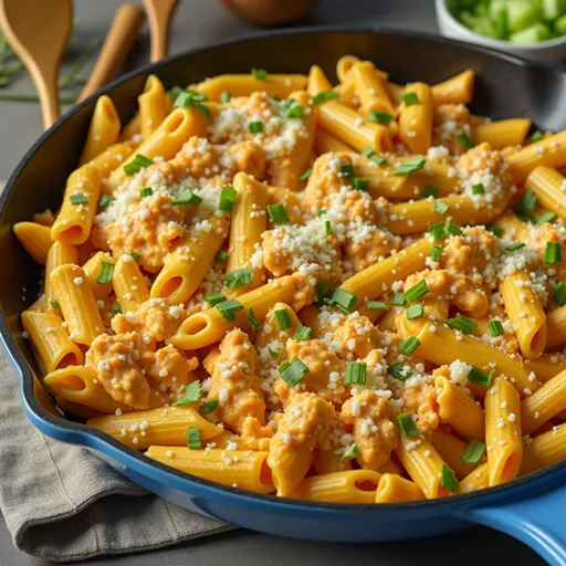 A detailed shot of pasta mixed with shredded chicken and buffalo sauce, with a blurred cozy background.