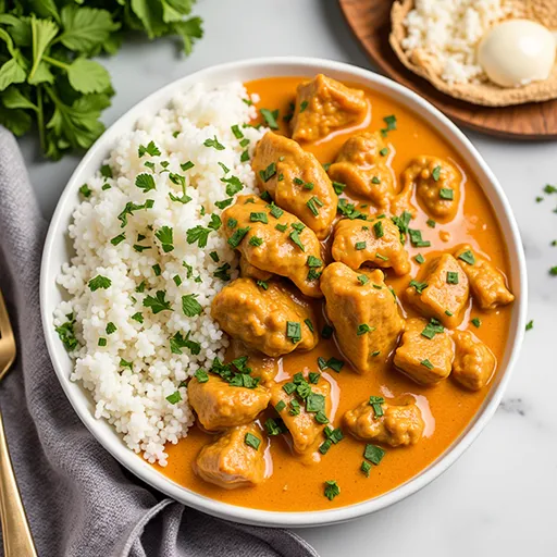 A beautifully styled dish of Instant Pot Butter Chicken, emphasizing its texture and garnished with cilantro against a blurred background.