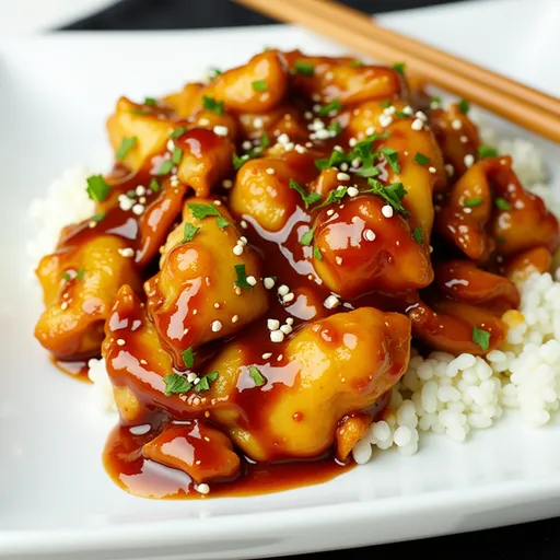 Eye-level shot of succulent chicken thighs in honey garlic sauce, illuminated by warm natural light with a blurred background.