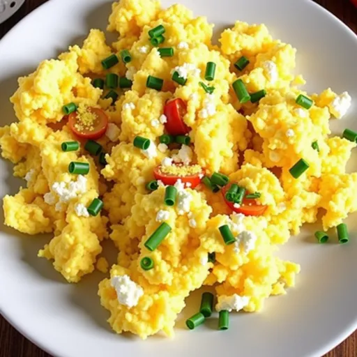 Delicious serving of scrambled eggs with cottage cheese highlighted by warm, inviting lighting.
