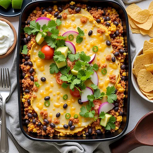 Eye-level shot of a baked quinoa and black bean dish, garnished with fresh cilantro.