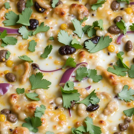 Eye-level view of a warm, inviting chicken burrito casserole showcasing its textures and colorful ingredients.