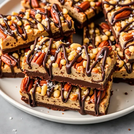 Eye-level shot of nut bars made with dark chocolate, dates, and sea salt against a blurred background.