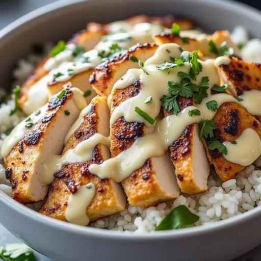 Detail shot of Chicken & Rice Bowl garnished with fresh parsley and creamy sauce.
