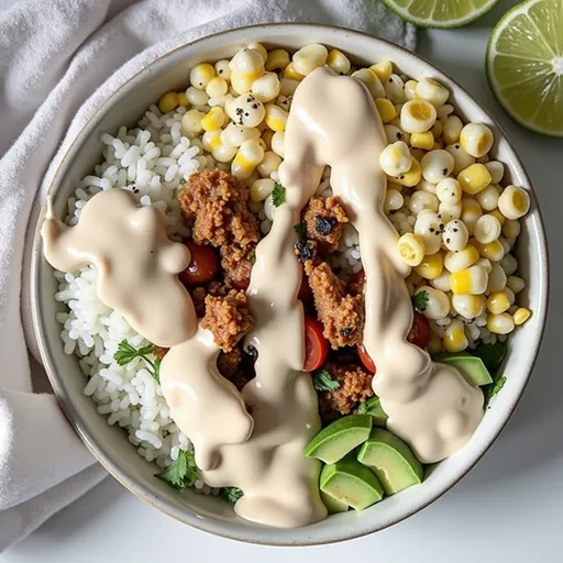 Eye-level view of a healthy Easy Street Corn Chicken Rice Bowl, highlighting its fresh ingredients and textures on a blurred background.