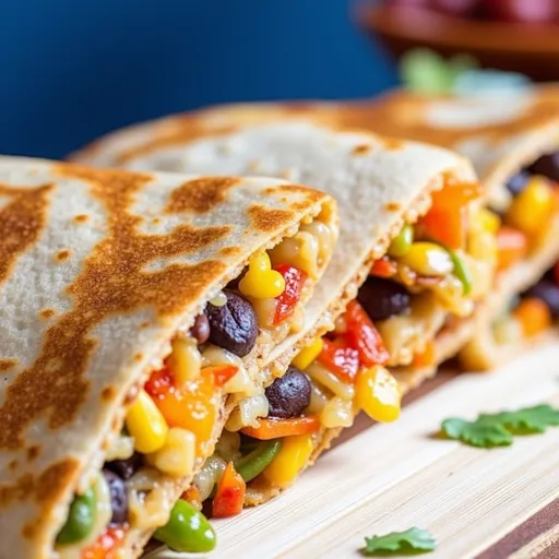 Appetizing Vegetarian Quesadillas with a golden-brown exterior, highlighting the vibrant filling and soft shadows.