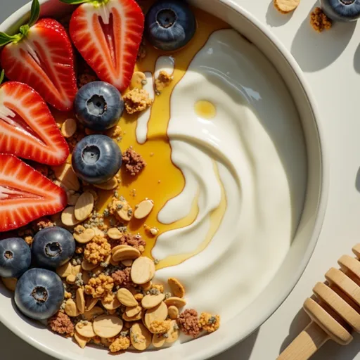 A vibrant Greek Yogurt Breakfast Bowl showcasing colorful berries and chia seeds.