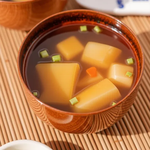 Eye-level view of a warm bowl of miso soup, highlighting its textures and ingredients.