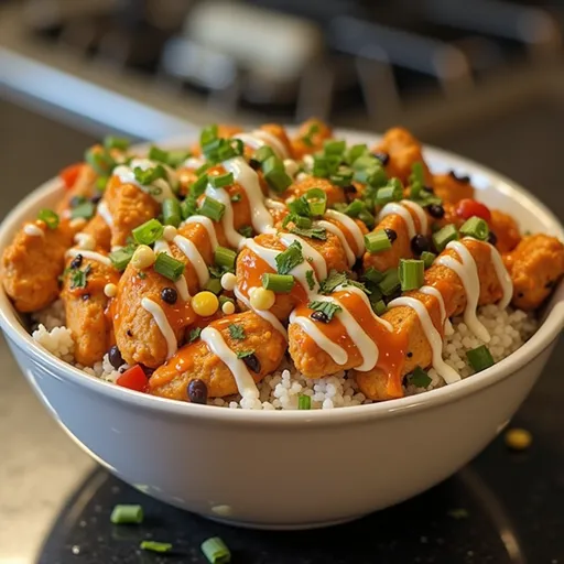 An appetizing Buffalo Chicken Bowl showcasing layered ingredients including rice and buffalo sauce, beautifully lit from the side.