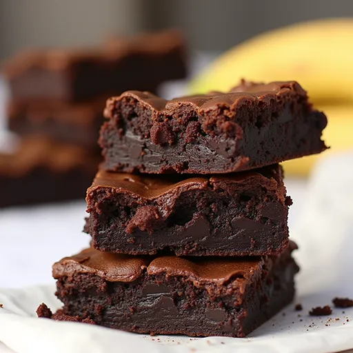 An enticing brownie surrounded by ripe bananas, captured in warm, natural light to emphasize its moist texture.
