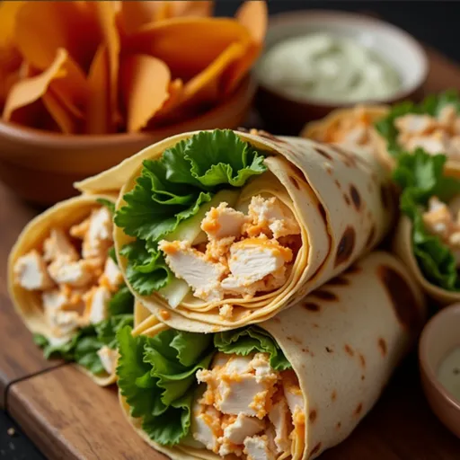 Eye-level shot of a buffalo chicken wrap emphasizing the textures of shredded chicken and colorful toppings.