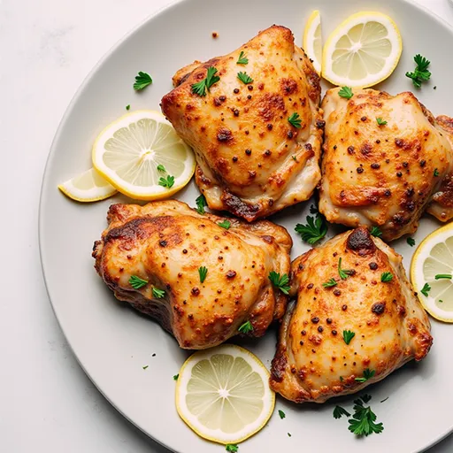 Appetizing chicken thighs with a rich glaze, featured with colorful mixed vegetables in the background.