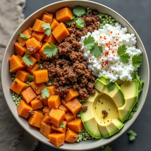 Delicious Sweet Potato Taco Bowl featuring vibrant ingredients like black beans, corn, and diced avocado on a rustic surface.