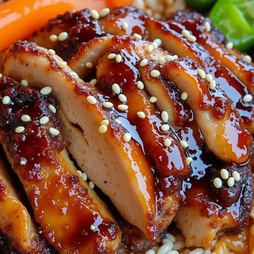 An appetizing presentation of Sticky Chicken Rice Bowls showcasing tender chicken and fresh broccoli, captured in warm natural light.