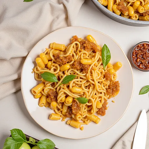 Enticing fettuccine pasta adorned with golden onions and herbs, set against a softly blurred background.
