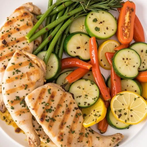 Deliciously plated grilled chicken and vegetables, showcasing a warm, inviting presentation.