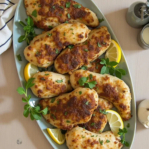 Succulent yogurt marinated chicken cutlet highlighted by warm natural light, emphasizing its rich flavors.