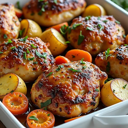 Beautifully arranged roasted chicken, carrots, and potatoes with soft shadows and warm lighting.