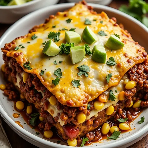 An appetizing close-up of a vegetarian enchilada casserole, showcasing its colorful ingredients and texture.