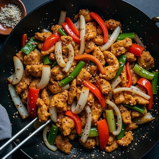 Eye-level view of Black Pepper Chicken, displaying tender chicken pieces and sautéed bell peppers in natural light.
