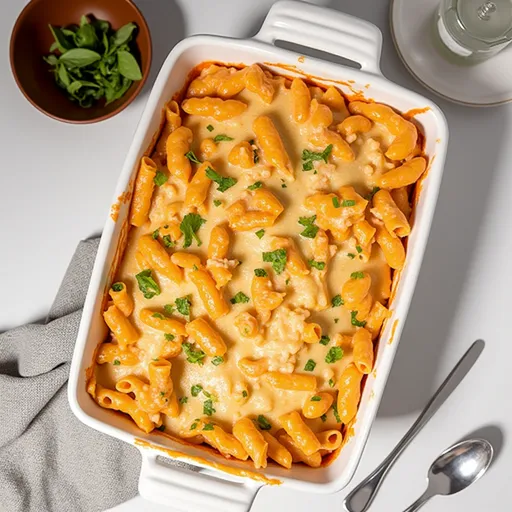 Delicious creamy pasta bake with layers of cheese and a golden crust, garnished with parsley.