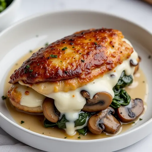 Juicy chicken breast stuffed with mushrooms and herbs, captured in natural light.