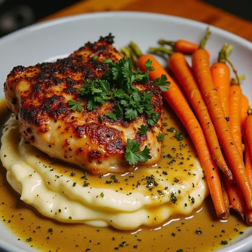 Eye-level view of a Garlic Herb Chicken dish garnished with parsley and served with carrots.