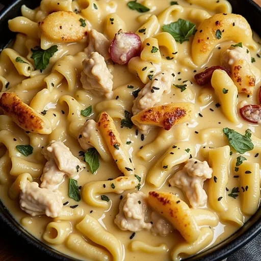 A vibrant plate of creamy chicken pasta, showcasing a mix of diced tomatoes and melted cheese, illuminated by soft light.