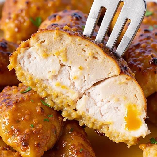 Eye-level view of perfectly cooked chicken breast, showcasing a golden-brown crust and inviting ambiance.