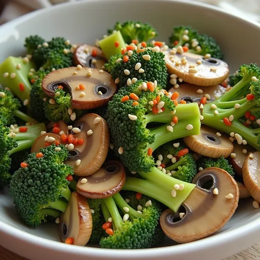 Delicious, sautéed broccoli and mushrooms dish garnished with sesame seeds.