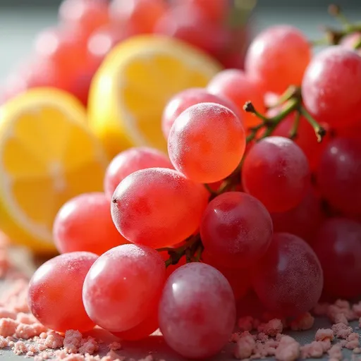 Delicious sour candy frozen grapes displayed elegantly, showcasing their texture in warm lighting.