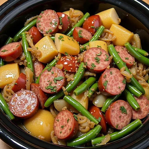 Deliciously arranged Crockpot Kielbasa and Green Beans, highlighting the texture of the ingredients and the warm lighting.