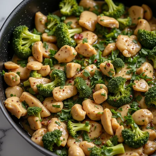 Detailed view of a delicious chicken dish with greens, captured in warm natural light.