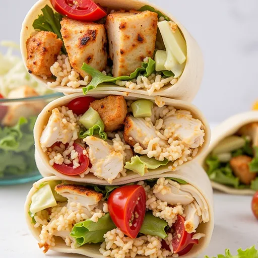Eye-level shot of a Chicken Caesar Wrap with vibrant greens, creamy dressing, and soft tortillas.