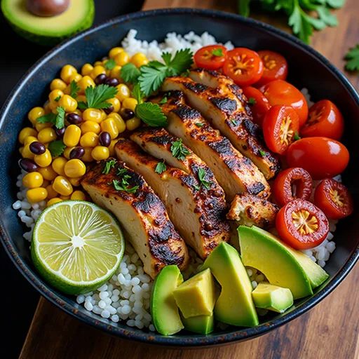 Colorful Honey Chipotle Chicken Rice Bowl with fresh ingredients and a cozy presentation.