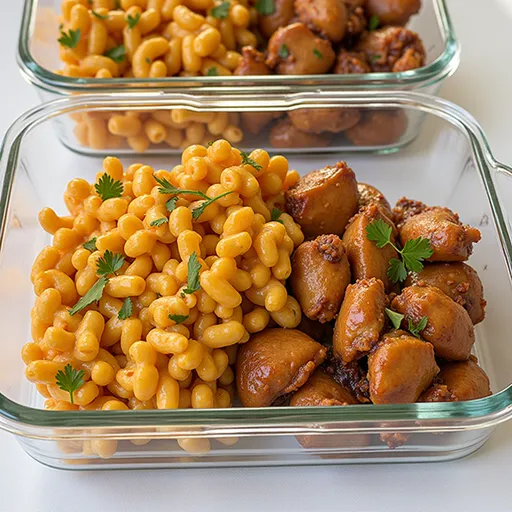 A plated dish featuring tender chicken glazed in honey garlic sauce alongside a serving of cheesy macaroni.