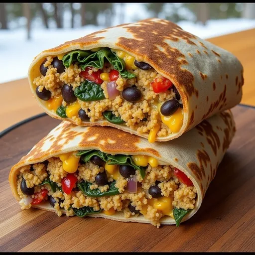 An appetizing breakfast wrap with a golden tortilla, filled with scrambled eggs, bell peppers, and cheese.