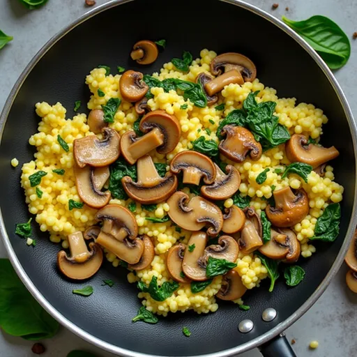 Eye-level shot of vibrant green spinach and brown mushrooms in fluffy scrambled eggs.